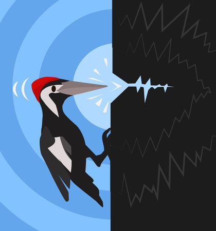 Woodpecker bird perched pecking cartoon color vector illustration, horizontalのイラスト素材