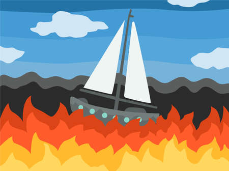 Burning sea abstract no way out to escape sailing ship cartoon color vector illustration, horizontalのイラスト素材
