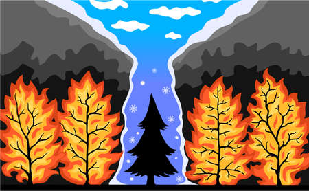Forest fire single winter tree unharmed, cartoon color vector illustration, horizontalのイラスト素材