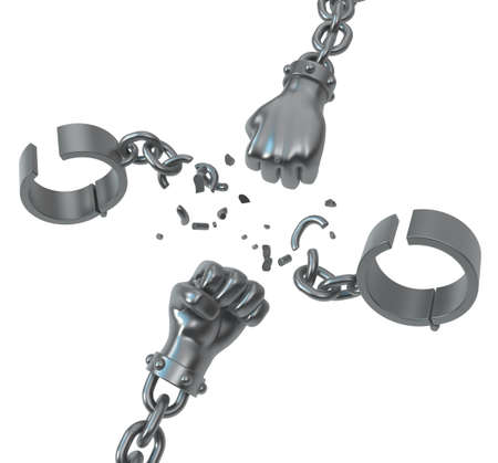 Shackles breaking chain fists smash between grey metal 3d illustration, isolated, horizontal, over whiteの写真素材