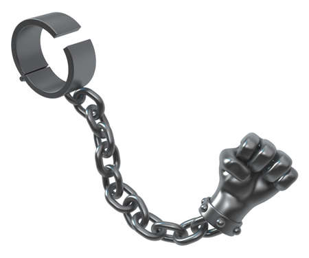 Shackles chain fist end grey metal 3d illustration, isolated, horizontal, over whiteの写真素材