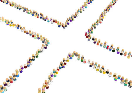 Crowd of small symbolic figures, line crossing corner space, 3d illustration, horizontal background, over white, isolatedの写真素材