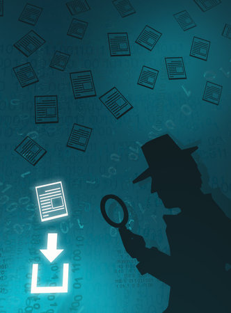 Cyberspace detective shadow figure document download, blue color, virtual reality abstract 3d illustration, verticalの写真素材