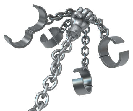 Shackles chain punched grey metal 3d illustration, isolated, horizontal, over whiteの写真素材