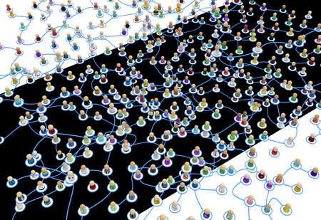 Crowd of small symbolic 3d figures linked by lines, complex layered system dark patch, over white, horizontalの写真素材