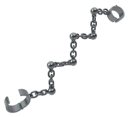 Shackles chain stairs shape grey metal 3d illustration, isolated, horizontal, over whiteの写真素材
