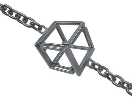 Chain cube link, dark grey metal 3d illustration, isolated, horizontal, over whiteの写真素材