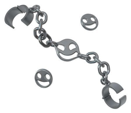 Shackles chain smiles discs grey metal 3d illustration, isolated, horizontal, over whiteの写真素材