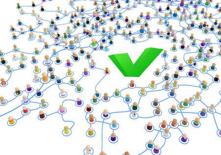 Crowd of small symbolic 3d figures linked by lines, complex layered system green check, over white, horizontalの写真素材