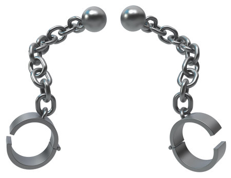 Shackles chain ball joint end double grey metal 3d illustration, isolated, horizontal, over whiteの写真素材