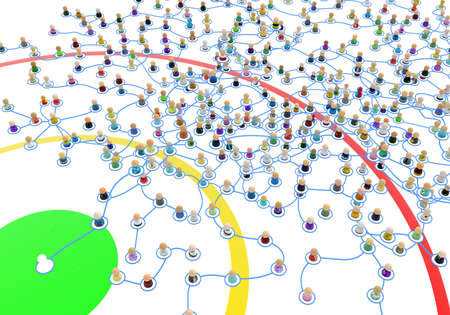Crowd of small symbolic 3d figures linked by lines, complex layered system green epicenter, over white, horizontalの写真素材