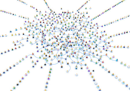 Crowd of small symbolic 3d figures linked by lines, complex layered system queues center, over white, horizontalの写真素材
