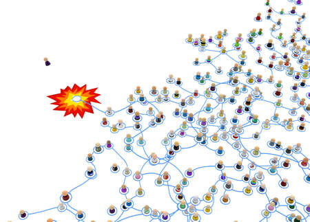 Crowd of small symbolic 3d figures linked by lines, complex layered system eject explode, over white, horizontalの写真素材