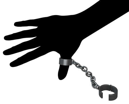 Shackles chain shadow arm thumb attached, 3d illustration, isolated, horizontal, over whiteの写真素材