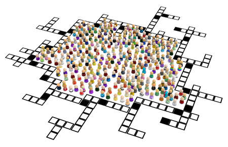 Crowd of small symbolic figures, cross word trapped, 3d illustration, horizontal background, over white, isolatedの写真素材