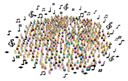 Crowd of small symbolic figures, music surround, 3d illustration, horizontal background, over white, isolatedの写真素材