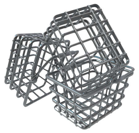 Shopping baskets metal piled, 3d illustration, horizontal, isolated, over whiteの写真素材