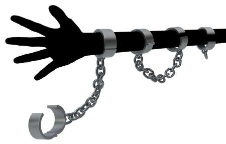 Shackles chain shadow arm excessive, 3d illustration, isolated, horizontal, over whiteの写真素材