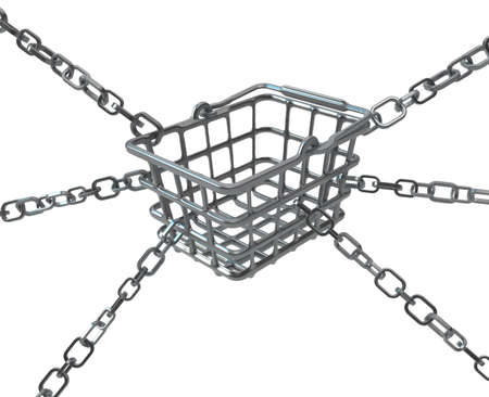 Shopping basket metal chains pull, 3d illustration, horizontal, isolated, over whiteの写真素材