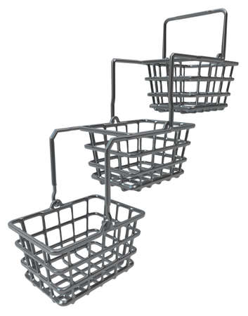 Shopping baskets metal extended triple, 3d illustration, horizontal, isolated, over whiteの写真素材
