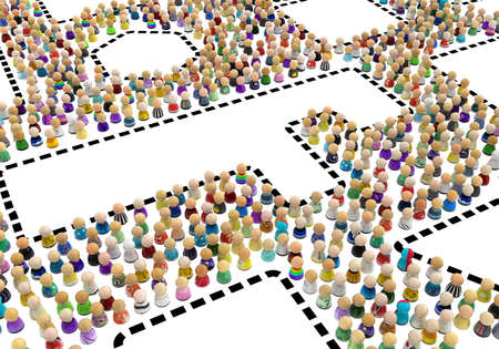 Crowd of small symbolic figures, keeping out of dashed line areas, 3d illustration, horizontal background, over white, isolatedの写真素材