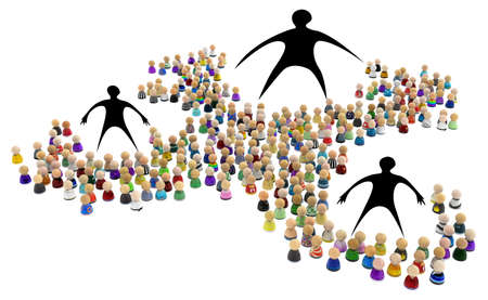 Crowd of small symbolic figures, big shadows standing above, 3d illustration, horizontal background, over white, isolatedの写真素材