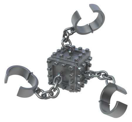 Shackles chain plate box grey metal 3d illustration, isolated, horizontal, over whiteの写真素材