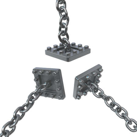 Chain plate triple, dark grey metal 3d illustration, isolated, horizontal, over whiteの写真素材