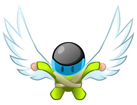 Sky diver with feather wings cartoon color vector illustration, horizontal, over white, isolatedのイラスト素材