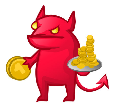 Devil cartoon red figure with gold coins color vector illustration, horizontal, over white, isolatedのイラスト素材