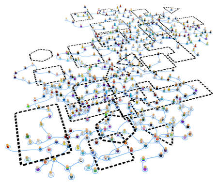 Crowd of small symbolic 3d figures linked by lines, complex layered system marked zones many, over white, horizontal, isolatedの写真素材