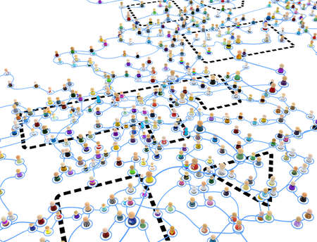 Crowd of small symbolic 3d figures linked by lines, complex layered system zones, over white,...