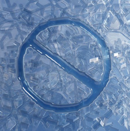 Icy banned circle symbol glass transparent ice abstract blue 3d illustration, horizontal backgroundの写真素材