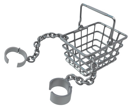 Shopping basket metal shackles arms, 3d illustration, horizontal, isolated, over whiteの写真素材