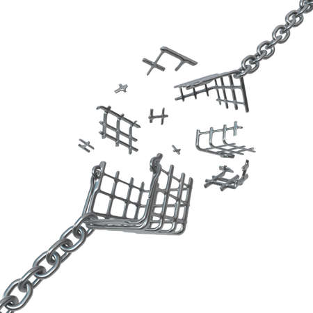 Shopping basket metal breaking pulled apart by chains, 3d illustration, horizontal, isolated, over whiteの写真素材