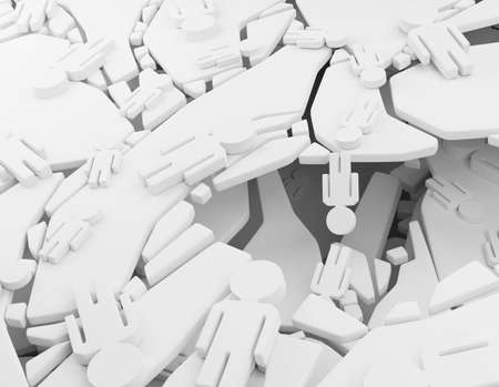 Figures dropping down cracks symbolic small white surface 3d illustration, horizontalの写真素材