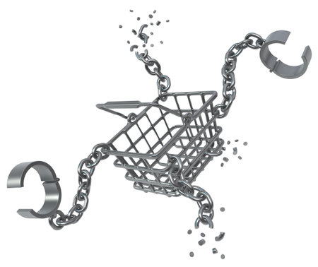 Shopping basket metal shackles chains attached and breaking, 3d illustration, horizontal, isolated, over whiteの写真素材