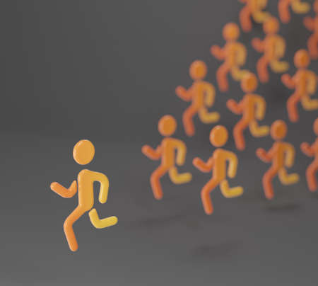 Running figure symbols marathon abstract orange over grey background, 3d illustration, horizontalの写真素材