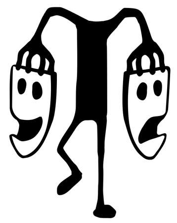 Happy sad mask carry cartoon character black silhouette, vector illustration, vertical, isolated, over whiteのイラスト素材
