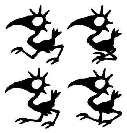 Odd bird walk cartoon silhouette outline black, vector illustration, horizontal, over white, isolatedのイラスト素材