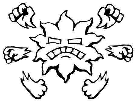 Sun strikes cartoon line drawing, vector, horizontal, black and white, isolatedのイラスト素材