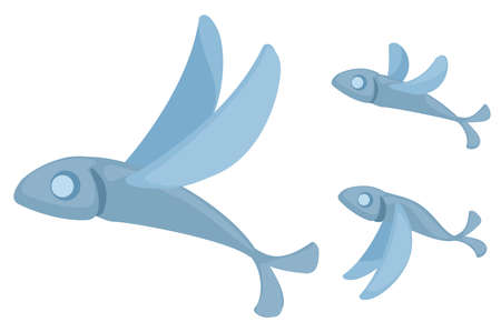 Flying fish cartoon design element set, isolated color vector, horizontalのイラスト素材