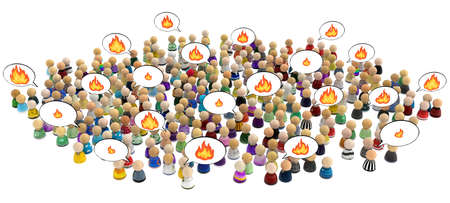 Crowd of small symbolic figures, fiery speech bubbles many, 3d illustration, horizontal background, over white, isolatedの写真素材