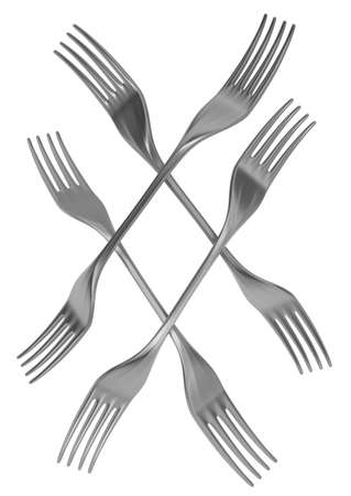 Fork metal diamond shape crossed, 3d illustration, horizontal, isolated, over whiteの写真素材
