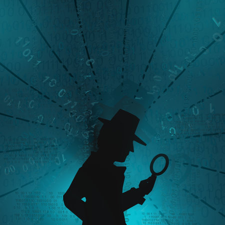 Cyberspace detective shadow figure tether focus, blue color, virtual reality abstract 3d illustration, horizontalの写真素材