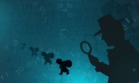 Cyberspace detective shadow figure burglars, blue color, virtual reality abstract 3d illustration, horizontalの写真素材