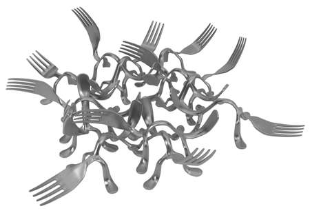 Fork metal animal creature tangled bunch, 3d illustration, horizontal, isolated, over whiteの写真素材