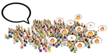 Crowd of small symbolic figures, fiery speech bubble empty, 3d illustration, horizontal background, over white, isolatedの写真素材