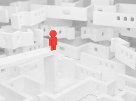 Walls labyrinth structure, single red figure abstract white background, 3d illustration, horizontalの写真素材