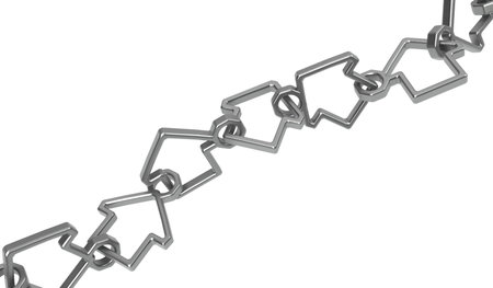 Chain house shape links connected, dark grey metal 3d illustration, isolated, horizontal, over whiteの写真素材
